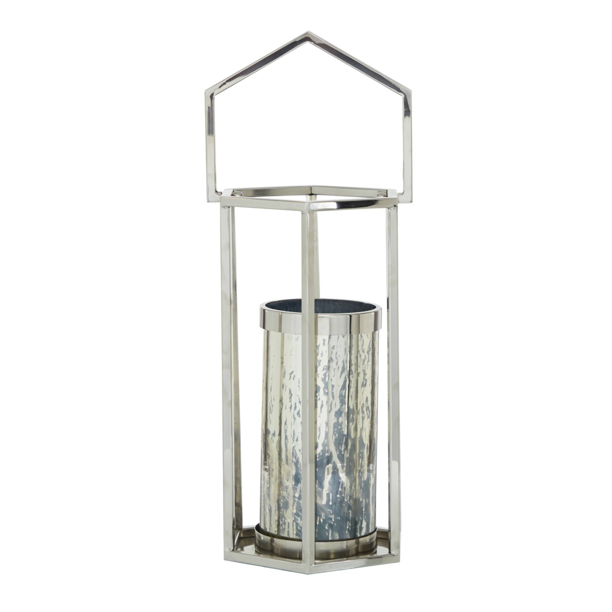 Silver Stainless Steel Contemporary Lantern, 18" x 10" x 11"